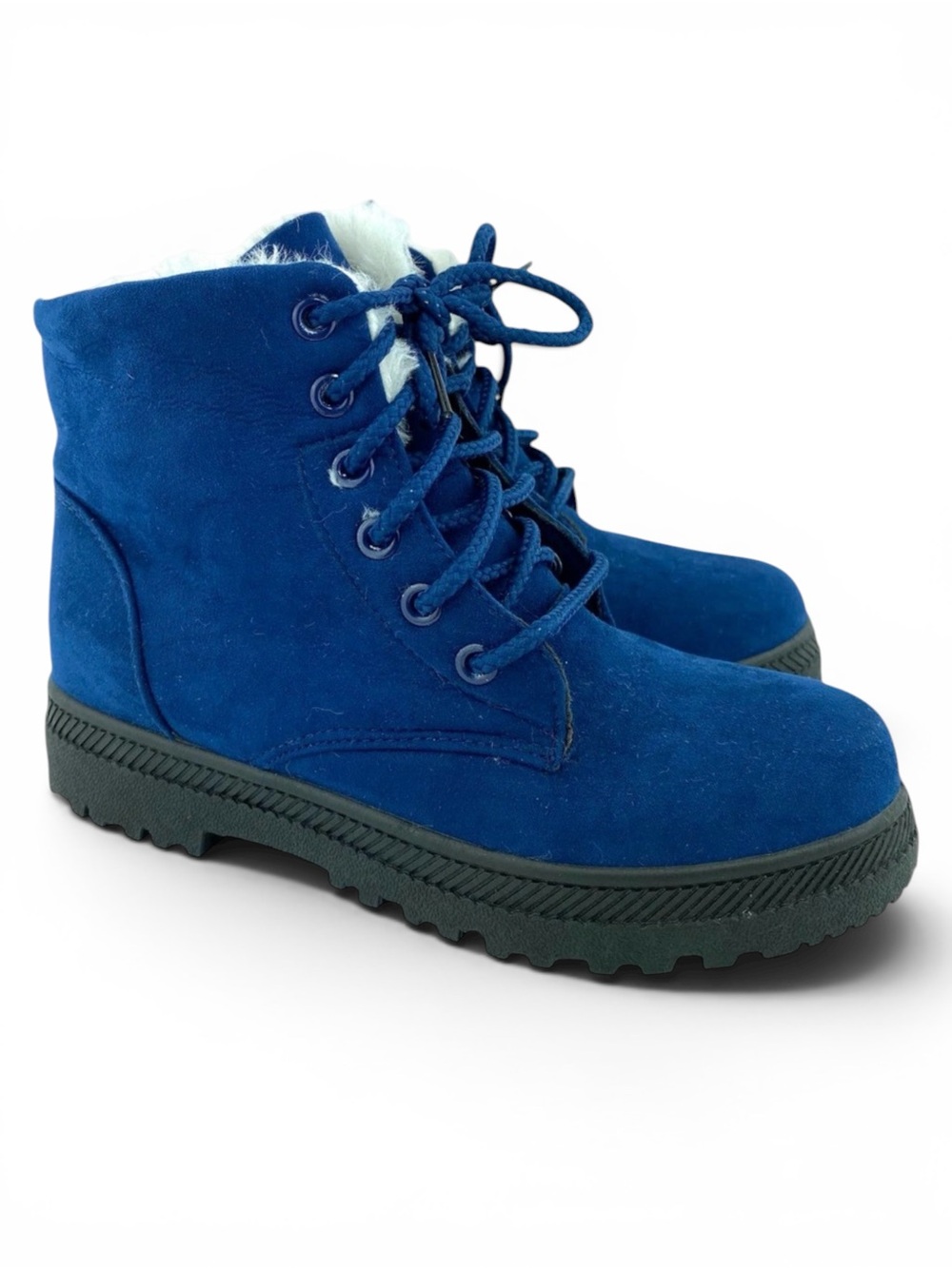 Equick Blue Faux Suede Faux Fur Lace Up Winter Ankle Boots Sz 4.5